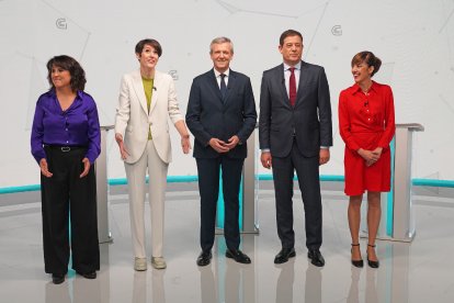 Els candidats amb possibilitats de liderar la Xunta, al centre, Ana Pontón, Alfonso Rueda i José Ramón Gómez Besteiro.