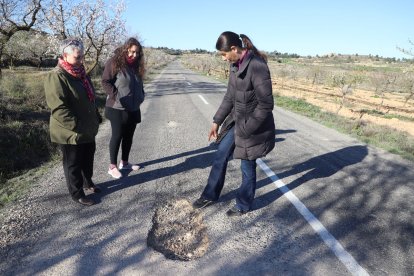 Al centre i la dreta, l’alcaldessa del Cogul i la de Granyena mostrant un clot.