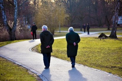 Dos jubilats passegen per un parc.