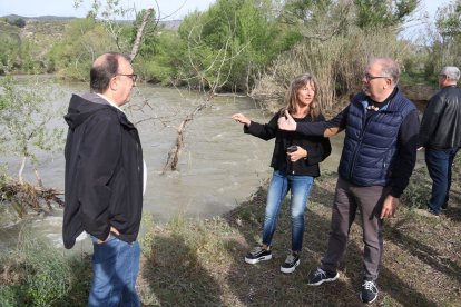 Carmel Mòdol, Dolors Vila i Josep Maria Vallès, ahir a la zona afectada a Massalcoreig.