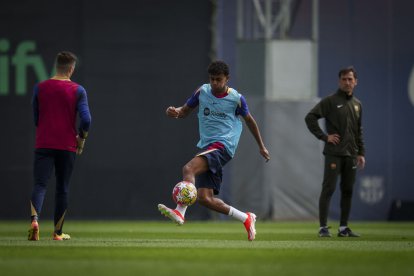 Lamine Yamal, dilluns durant l’entrenament de la plantilla blaugrana.