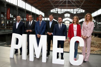 Els candidats que ahir van participar en el debat organitzat per Pimec a Barcelona.