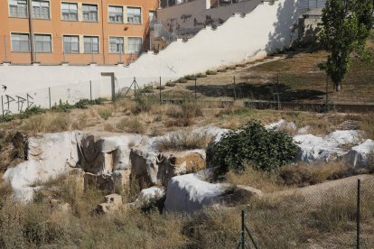 Les restes que estan tapades amb una lona des del 2018 estan envoltades de vegetació.