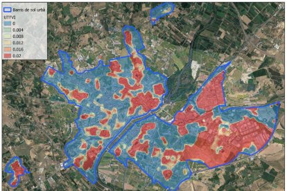 Mapa de Lleida que mostra en roig les zones amb efecte d’illa de calor.