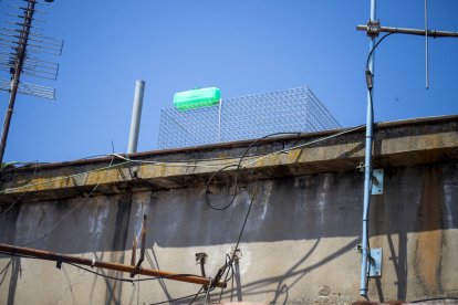 Una de les gàbies per a coloms està instal·lada a la teulada de la Paeria de Balaguer.