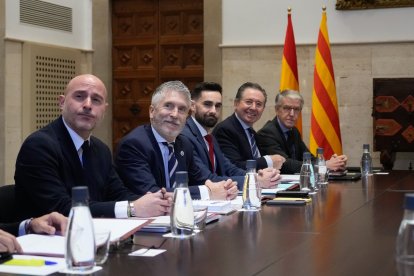 El ministro de Interior, Fernando Grande-Marlaska, y el delegado del Gobierno en Catalunya, Carlos Prieto, durante la reunión de la Junta de Seguridad de Catalunya