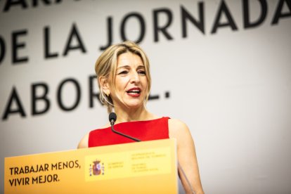 La vicepresidenta segona del govern espanyol, Yolanda Díaz, a l'acte de presentació de l'acord per la reducció de la jornada laboral.