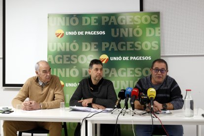 Imatge de la roda de premsa de la Unió de Pagesos a Lleida amb Josep M. Cortasa, membre de la sectorial de porcí; Rossend Saltiveri, responsable del sector porcí, i Jordi Armengol, responsable de sectors ramaders.