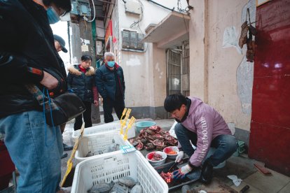 Un hombre vende tortugas en un mercado de Wuhan este 21 de enero.