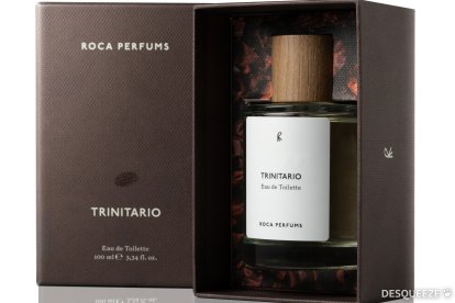 Imagen promocional de la caja y la botella del perfume Trinitario de Jordi Roca.