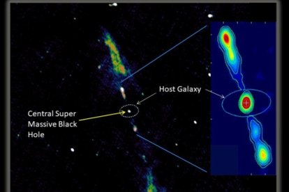 Los chorros de radio gigantes que se extienden a lo largo de seis millones de años luz de diámetro y un enorme agujero negro supermasivo en el corazón de la galaxia espiral J23453268-0449256, según las imágenes del radiotelescopio gigante de ondas métrica.