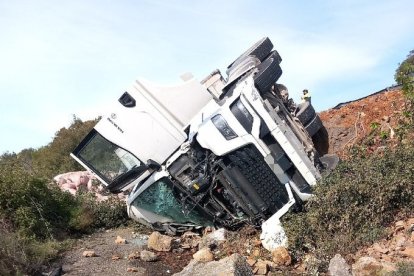 El camió que transportava porcs accidentat a Artesa de Segre.