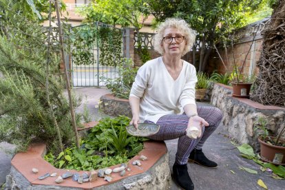La veïna mostra un objecte decoratiu del seu jardí trencat per una pedrada, amb altres pedres al costat. - JORDI ECHEVARRIA