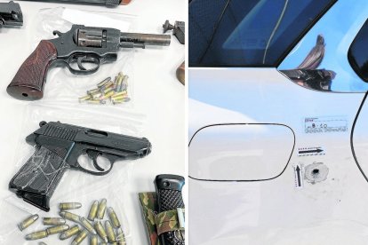 Imagen de dos de las pistolas decomisadas y del impacto de bala en un coche. - MOSSOS D’ESQUADRA