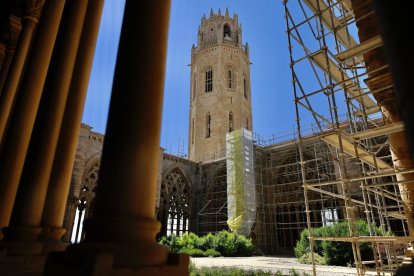 Vista ahir del claustre de la Seu Vella, ‘envaït’ per bastides per reparar dos de les cobertes.