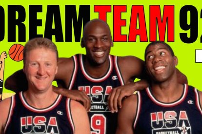 Larry Bird, Michael Jordan y Magic Johnson promocionando el Dream Team.