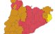 Mapa de perill per vent a Catalunya per a aquest djious, amb comarques en vermell, perill màxim.