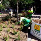 Operaris treballant en un parterre a la plaça Pare Sanahuja. - AJUNTAMENT DE LLEIDA