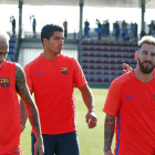 Neymar, Luis Suárez, Messi i Piqué, durant l’entrenament d’ahir a la Ciutat Esportiva.