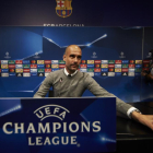 Pep Guardiola, ahir durant la compareixença davant els mitjans a la sala de premsa del Camp Nou.
