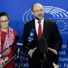 Martin Schulz i la ministra de Comerç canadenc, Chrystia Freeland, ahir al Parlament Europeu.