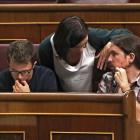 Íñigo Errejón, Carolina Bescansa i Pablo Iglesias al Congrés.