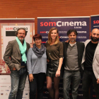 Pep Munné, la directora del Som Cinema, Anna M. Bofarull, Elisabet Terri, José Pozo i Alain Hernández, ahir al Teatre de l’Escorxador.