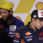 Valentino Rossi i Marc Màrquez, ahir durant la roda de premsa prèvia al Gran Premi de Malàisia.