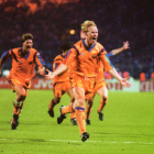 Ronald Koeman, en la celebració de l’històric gol de la final de la Copa d’Europa de Wembley.