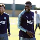 Messi i Umtiti, ahir durant la sessió d’entrenament.