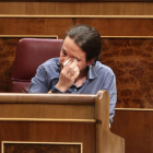 Pablo Iglesias se emociona durante su intervención en el Congreso de los Diputados.