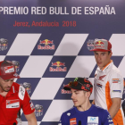 Dovizioso, Viñales i Marc Màrquez, ahir durant la roda de premsa al circuit de Jerez.