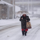 Una mujer camina bajo la nieve por la localidad cántabra de Bolmir.