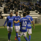 Juanto, autor del gol, Jorge Félix, Javi López y Joel Huertas, que dio el pase al goleador, celebran el tanto que daba un triunfo muy valioso.