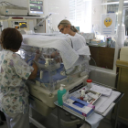 Personal médico atendiendo a un recién nacido en la unidad de prematuros del hospital Arnau de Vilanova de Lleida. 