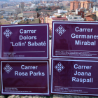 Placas de las calles Rosa Parks, Joana Raspall, Dolors Sabaté y Germanes Miraball de Lleida.