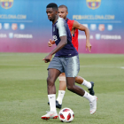 Ousmane Dembélé, durant l’entrenament d’ahir del FC Barcelona a la Ciutat Esportiva.