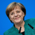 Angela Merkel en rueda de prensa tras las negociaciones .