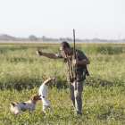 Un caçador i els seus gossos durant la primera jornada de la mitja veda a Lleida el 15 d’agost passat.