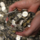 Imagen de una persona con un puñado de monedas de euros.