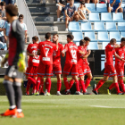 Els jugadors de l’Espanyol celebren el primer gol del partit, que els va permetre sumar un punt a Balaídos.