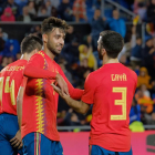 Brais celebra el gol que le dio la victoria a España en el partido de su debut como internacional.