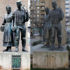 A la izquierda, la estatua de la plaza Pagesos con la placa del escudo de la ciudad. A la derecha, imagen de ayer sin.