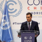 El president del Govern espanyol en funcions, Pedro Sánchez, durant una roda de premsa amb motiu de la celebració de la cimera mundial del clima a Madrid.