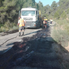 Las obras para reparar la carretera de Bovera a Palma d’Ebre.