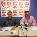 Los responsables de la UGT-FICA en Lleida, Xavier Perelló y Antoni Dolcet, durante la rueda de prensa.