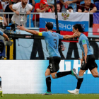 Edinson Cavani celebra amb Laxalt i Godín la consecució del definitiu 3-0 dels uruguaians.