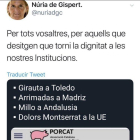 De Gispert retuitea un falso tuit que llama 'cerdos' a políticos del PP y Cs
