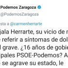 Podemos demana disculpes a Saragossa pel seu tuit "improcedent" i "inadmissible" sobre una consellera de Ciudadanos
