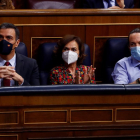 Pedro Sánchez, Carmen Calvo y Pablo Iglesias, en uno de los últimos plenos del Congreso.